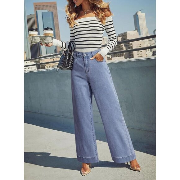 Women Beau Blue High Waisted Wide Leg Denim Jean Stretchy Loose Pant with Pocket - Picture 4 of 6